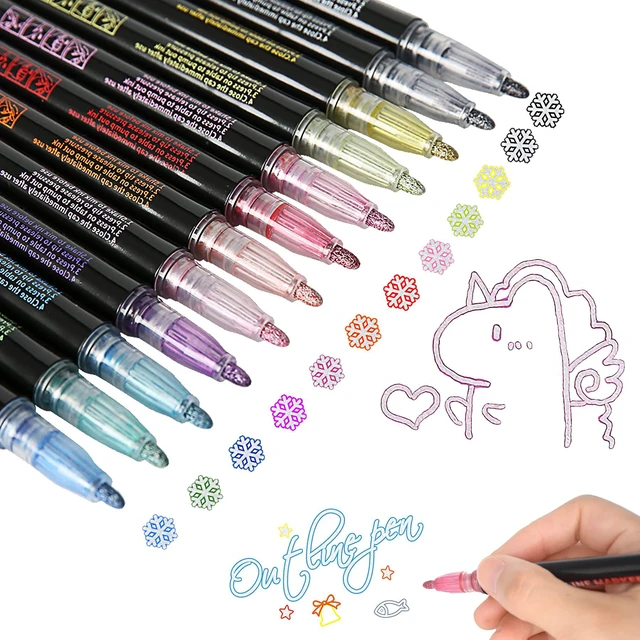 Main image of Double Line Outline Pens, 12 Colors Outline Markers Outline Metallic Markers Pen for Highlight, Art, Drawing, Greeting Card, Xmas Cards, Scrap Booking, Posters