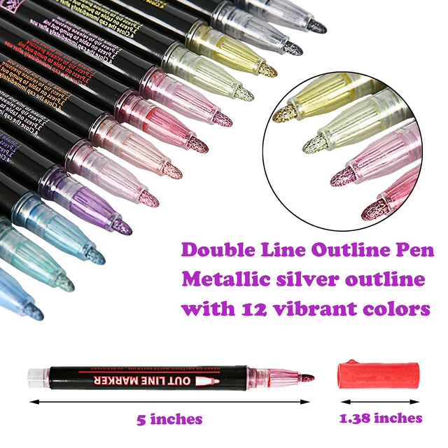 Alt view image 2 of 7 - Double Line Outline Pens, 12 Colors Outline Markers Outline Metallic Markers Pen for Highlight, Art, Drawing, Greeting Card, Xmas Cards, Scrap Booking, Posters