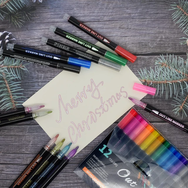 Alt view image 6 of 7 - Double Line Outline Pens, 12 Colors Outline Markers Outline Metallic Markers Pen for Highlight, Art, Drawing, Greeting Card, Xmas Cards, Scrap Booking, Posters