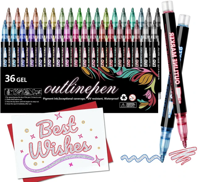 Main image of 36 Colors Glitter Markers Outline Glitter Pens,Shimmer Metallic Markers for Painting Coloring,Waterproof Glitter Gel Pens for Art Supplies,Arts and Crafts for Gift Kids Journaling Writing Card Making