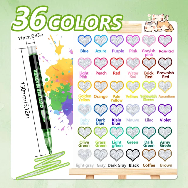 Alt view image 2 of 7 - 36 Colors Glitter Markers Outline Glitter Pens,Shimmer Metallic Markers for Painting Coloring,Waterproof Glitter Gel Pens for Art Supplies,Arts and Crafts for Gift Kids Journaling Writing Card Making