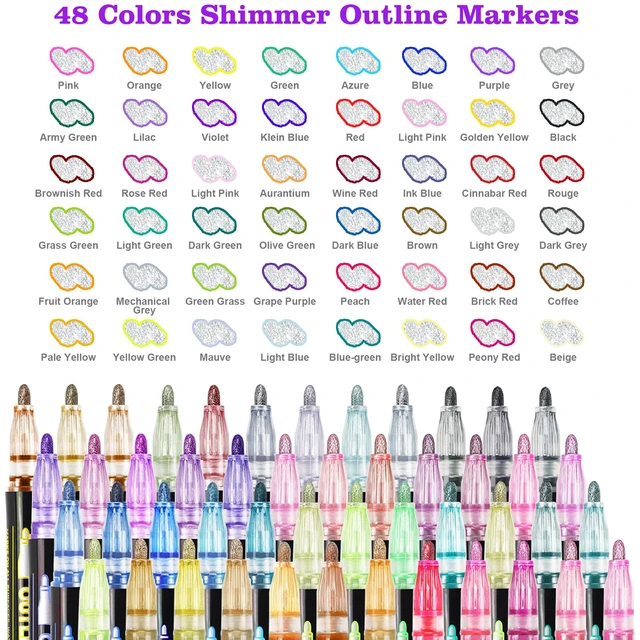 Alt view image 2 of 7 - Muchcute 48 Outline Markers Glitter Pens: Arts Crafts Kids 4-12 Girls Gifts | Metallic Double Line Self Outlining Sparkle Outliner Shimmer