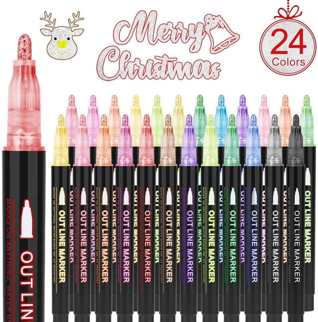 Main image of 24 Pack Double Line Outline Markers, Squiggles Shimmer Markers Set, Self Outline Metallic Glitter Marker Pens for Christmas,Art, Drawing, Writing, Greeting Cards, DIY, Scrapbook, Easter Eggs