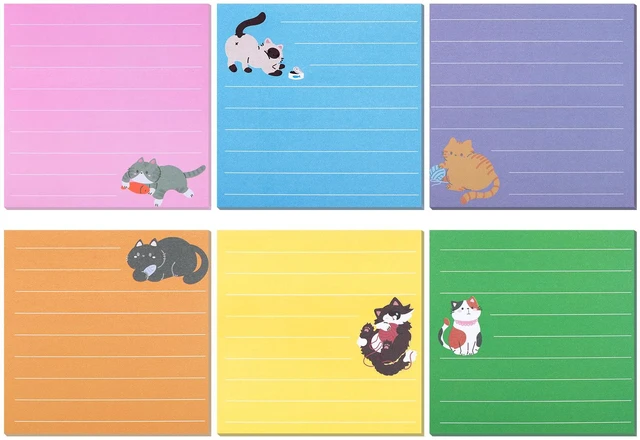 Main image of 12 Pack Cat Sticky Notes, 6 Colors Lined to Do List Notepads, 3 x 3in Cute Animal Self-Stick Notes with Lines for Office, School (480 Sheets)