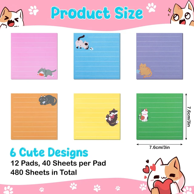 Alt view image 2 of 7 - 12 Pack Cat Sticky Notes, 6 Colors Lined to Do List Notepads, 3 x 3in Cute Animal Self-Stick Notes with Lines for Office, School (480 Sheets)
