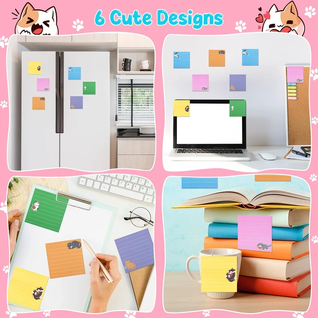 Alt view image 6 of 7 - 12 Pack Cat Sticky Notes, 6 Colors Lined to Do List Notepads, 3 x 3in Cute Animal Self-Stick Notes with Lines for Office, School (480 Sheets)