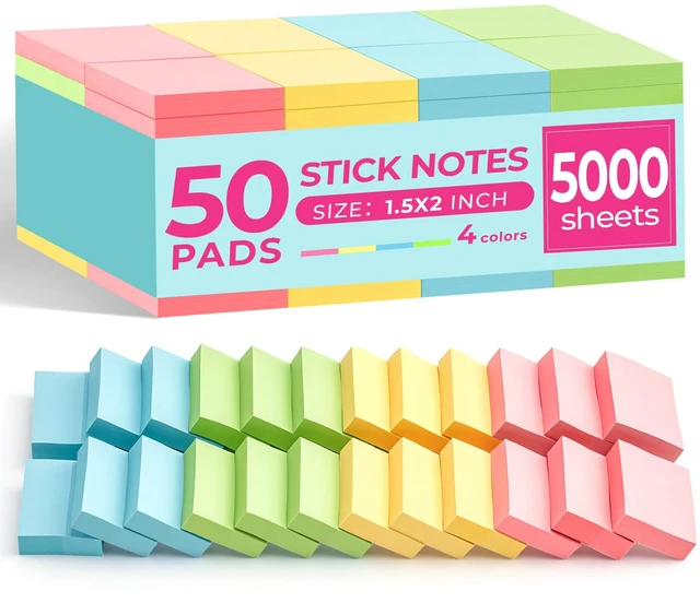 Main image of Small Sticky Notes 1.5x2 in, 50 Pads, 100 Sheets/Pad, 4 Pastel Colors | Mini Sticky Notes Bulk Strong Adhesive for hold, Easy to Post, Teacher Classroom Must Haves, School and Office Supplies