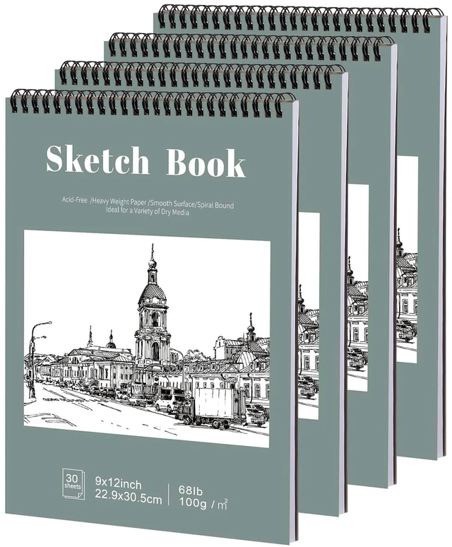 Main image of 4 Pack Sketch Book, 9 x 12 Inch Sketchbook, 68lb/100gsm Top Spiral Bound Sketch Pad, Acid Free Art Supplies Drawing Painting Sketching Paper for Kids, Adults, Beginners, Artists (30 Sheets Each)