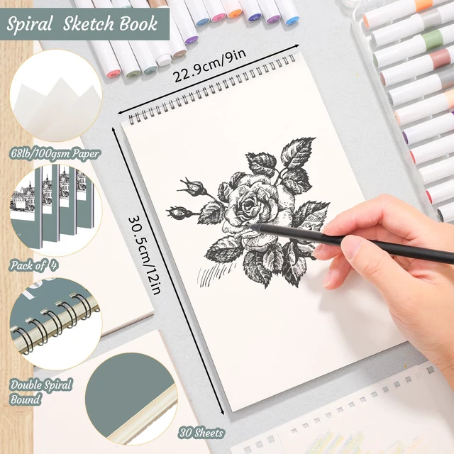 Alt view image 2 of 7 - 4 Pack Sketch Book, 9 x 12 Inch Sketchbook, 68lb/100gsm Top Spiral Bound Sketch Pad, Acid Free Art Supplies Drawing Painting Sketching Paper for Kids, Adults, Beginners, Artists (30 Sheets Each)