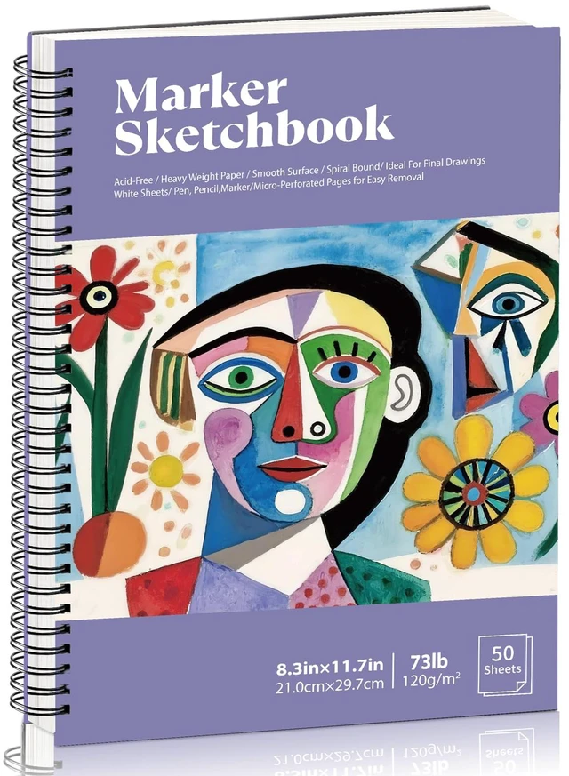 Main image of 8.3×11.7In Marker Paper Pad, 50 Sheets Spiral Bleedproof Drawing Marker Pad | 120gsm Acid-Free Drawing Paper, Tear-Off Pages, Lays Flat, for Alcohol Markers, Pens, Sketching & Crayon