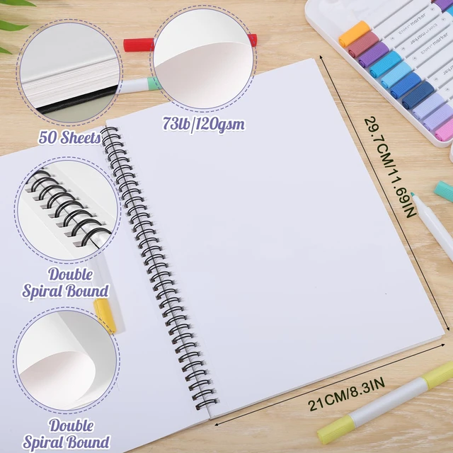 Alt view image 2 of 7 - 8.3×11.7In Marker Paper Pad, 50 Sheets Spiral Bleedproof Drawing Marker Pad | 120gsm Acid-Free Drawing Paper, Tear-Off Pages, Lays Flat, for Alcohol Markers, Pens, Sketching & Crayon