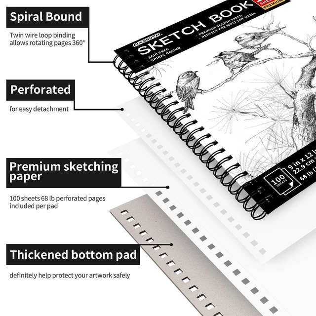 Alt view image 2 of 7 - 9"X12" Sketch Book, 100 Sheets, 68 lb/100gsm Sketchbook, Black | Acid Free Drawing Paper | Spiral Bound Artist Sketch Pad | for Kids, Beginners, Artists & Professionals | Bright White