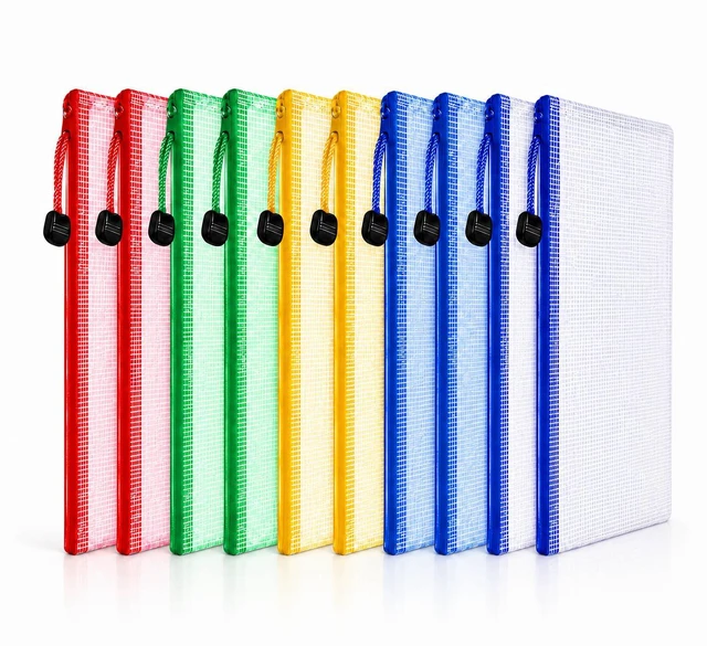 Main image of 10 Pack Mesh Zipper Pouch Bags, Transparent Plastic Document Bags, Assorted Color File Folders, Zipper File Bags for Letter Size Paper, Office Supplies, School, Travel, Receipt and Paper Storage