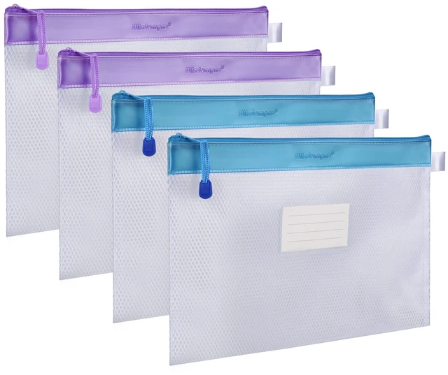Main image of Zipper Pouch, 4 Pack Waterproof Mesh File Bag, Document Organizer | 13.3x9.8", Letter Size Mesh Bag with Outer Label Pocket, Durable, Perfect for File, Paper, Office, School, Home, Blue/Purple