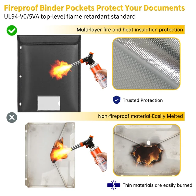 Alt view image 3 of 7 - Fireproof Pocket for 3 Ring Binder, Document Bag Pouch with 3-Hole | Heat Insulated,FireWater Resistant,Binder Accessories,Home Office Travel Safe Storage for Important Paper,Letter Size,Black