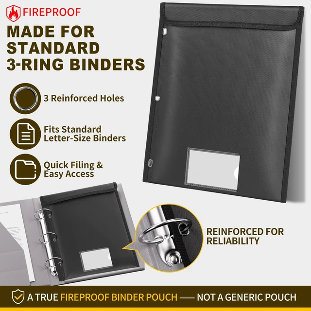 Alt view image 5 of 7 - Fireproof Pocket for 3 Ring Binder, Document Bag Pouch with 3-Hole | Heat Insulated,FireWater Resistant,Binder Accessories,Home Office Travel Safe Storage for Important Paper,Letter Size,Black