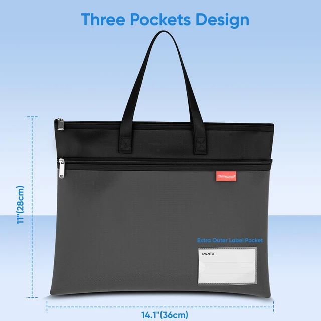 Alt view image 3 of 7 - 14.1×11" Mesh Zipper Pouch with Handle, 3 Pockets File Bag-Black | Letter Size, Water-Resistant Document Storage, with Label Pocket, for Book/Cross Stitch/Puzzle Project/Travel/School/Office