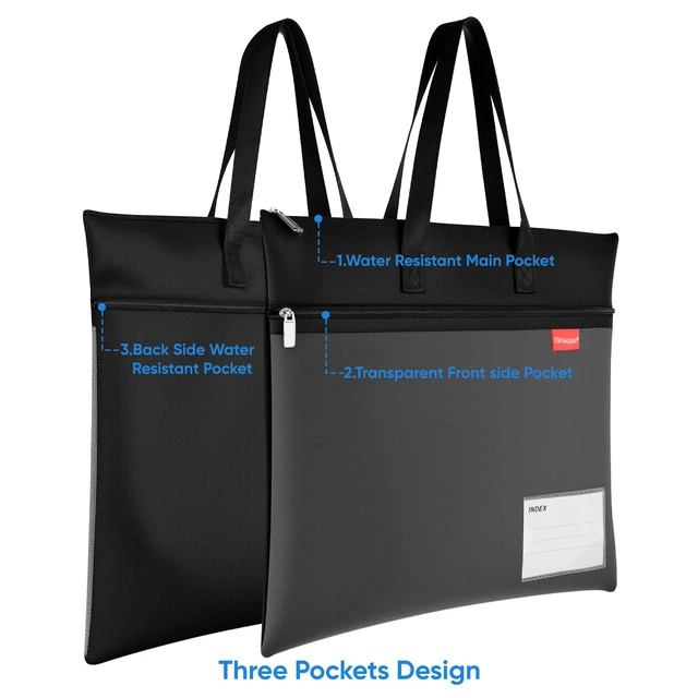 Alt view image 2 of 7 - 14.1×11" Mesh Zipper Pouch with Handle, 3 Pockets File Bag-Black | Letter Size, Water-Resistant Document Storage, with Label Pocket, for Book/Cross Stitch/Puzzle Project/Travel/School/Office