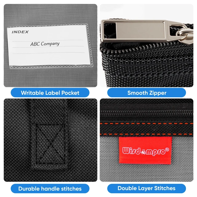 Alt view image 5 of 7 - 14.1×11" Mesh Zipper Pouch with Handle, 3 Pockets File Bag-Black | Letter Size, Water-Resistant Document Storage, with Label Pocket, for Book/Cross Stitch/Puzzle Project/Travel/School/Office