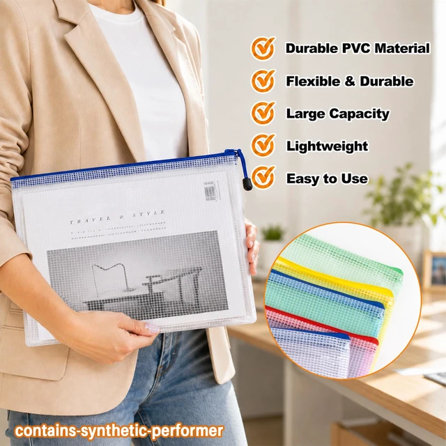 Alt view image 2 of 6 - Mesh Zipper Pouch Bags - A4 Clear Zipper Pouches, 13.2 x 9.4 Inch | Zipper Pouches for Organizing, Waterproof Letter Size File Bag for Puzzles, Board Games, Office Supplies, 5 Pack