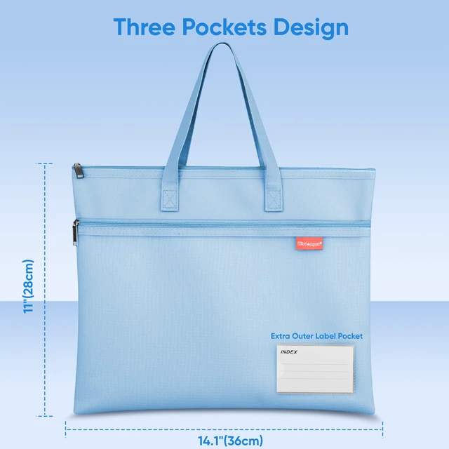 Alt view image 3 of 7 - 14.1×11" Mesh Zipper Pouch with Handle, 3 Pockets File Bag-Blue | Letter Size, Water-Resistant Document Storage, with Label Pocket, for Book/Cross Stitch/Puzzle Project/Travel/School/Office