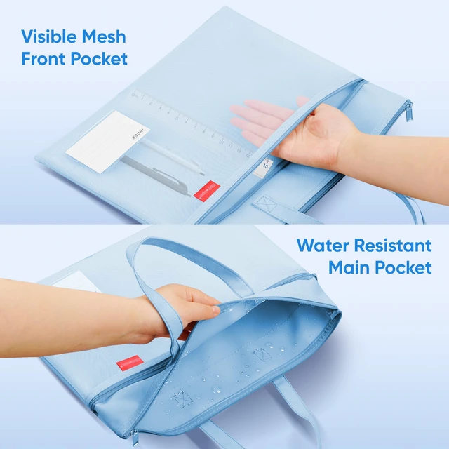 Alt view image 4 of 7 - 14.1×11" Mesh Zipper Pouch with Handle, 3 Pockets File Bag-Blue | Letter Size, Water-Resistant Document Storage, with Label Pocket, for Book/Cross Stitch/Puzzle Project/Travel/School/Office