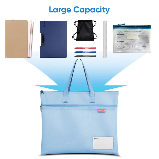 Alt view image 7 of 7 - 14.1×11" Mesh Zipper Pouch with Handle, 3 Pockets File Bag-Blue | Letter Size, Water-Resistant Document Storage, with Label Pocket, for Book/Cross Stitch/Puzzle Project/Travel/School/Office