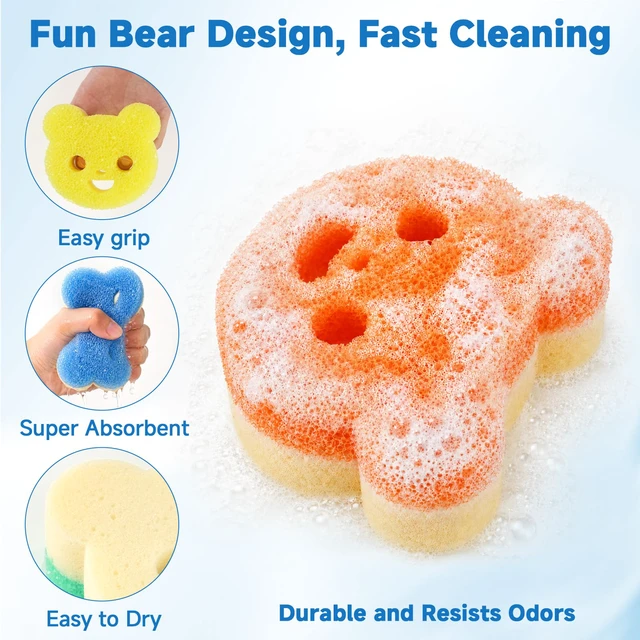 Alt view image 4 of 7 - 12pcs Scrub Sponges for Kitchen Dish Washing, Animal Bear Shape | 4 colors, dual-sided, temperature controlled, non scratch cleaning sponge Household Cleaning Pads