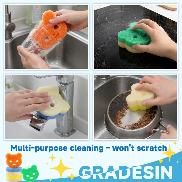 Alt view image 3 of 7 - 12pcs Scrub Sponges for Kitchen Dish Washing, Animal Bear Shape | 4 colors, dual-sided, temperature controlled, non scratch cleaning sponge Household Cleaning Pads