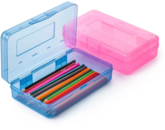 Main image of Plastic Pencil Case Box, 2 Pack, Large Crayon Marker Pen Organizer | Plastic Bead Organizing Container with Snap-Tight Lids, Clear Craft Storage Boxes, School Supplies