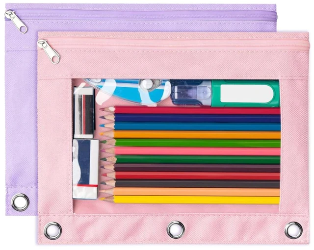 Main image of 2 Pack Pocket for 3 Ring Binder, Large Pencil Case Pouch Binder | 3 Reinforced Grommets, Pen Bag, Clear Window Pencil Case, Binder Accessories, Pink & Purple