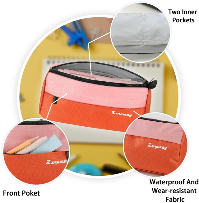 Alt view image 2 of 7 - Pencil Pouch, 3-Pocket Pen Case, Storage Organizer, Pink/Orange | Vibrant two-tone aesthetic, wide opening, smooth closure, versatile stationery, makeup and accessory bag.