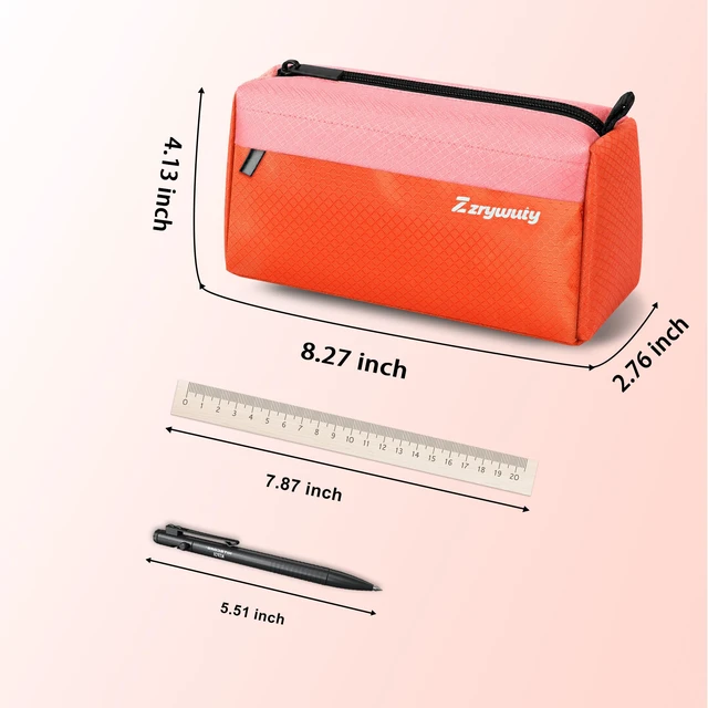Alt view image 3 of 7 - Pencil Pouch, 3-Pocket Pen Case, Storage Organizer, Pink/Orange | Vibrant two-tone aesthetic, wide opening, smooth closure, versatile stationery, makeup and accessory bag.