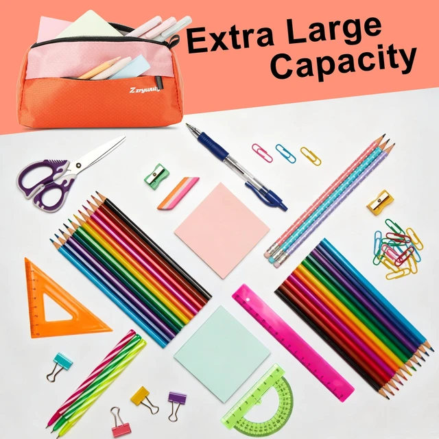 Alt view image 4 of 7 - Pencil Pouch, 3-Pocket Pen Case, Storage Organizer, Pink/Orange | Vibrant two-tone aesthetic, wide opening, smooth closure, versatile stationery, makeup and accessory bag.