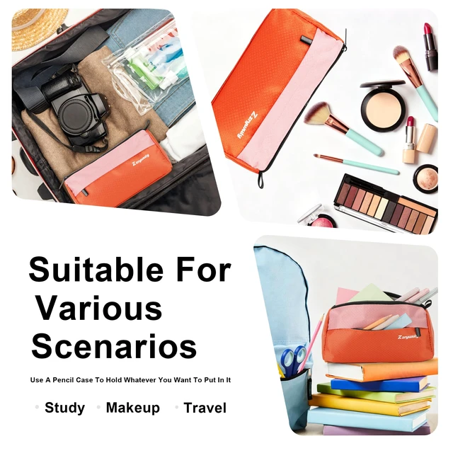 Alt view image 5 of 7 - Pencil Pouch, 3-Pocket Pen Case, Storage Organizer, Pink/Orange | Vibrant two-tone aesthetic, wide opening, smooth closure, versatile stationery, makeup and accessory bag.