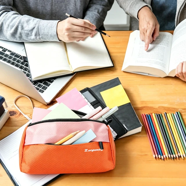 Alt view image 6 of 7 - Pencil Pouch, 3-Pocket Pen Case, Storage Organizer, Pink/Orange | Vibrant two-tone aesthetic, wide opening, smooth closure, versatile stationery, makeup and accessory bag.