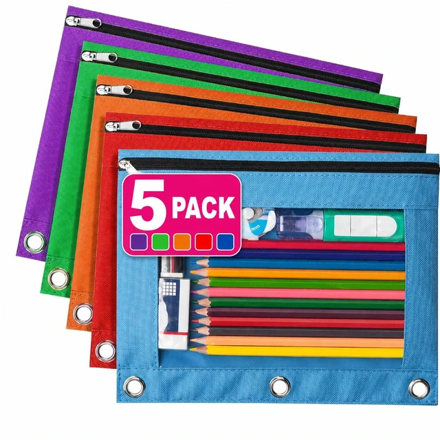 Main image of 5 Pack Pocket for 3 Ring Binder, Large Pencil Case Pouch | 3 Reinforced Grommets, Pen Bag, Clear Window Pencil Case, Binder Accessories