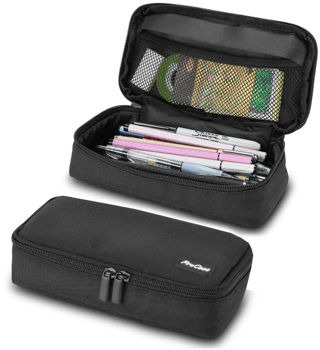 Main image of Pencil Case Pen Bag for School Students Boys and Girls -Black | Large Capacity Desk Pencil Holder Pouch with Double Zipper, Portable Stationery Organizer for School Office Supplies
