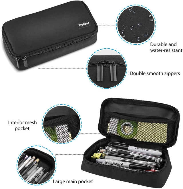 Alt view image 2 of 7 - Pencil Case Pen Bag for School Students Boys and Girls -Black | Large Capacity Desk Pencil Holder Pouch with Double Zipper, Portable Stationery Organizer for School Office Supplies