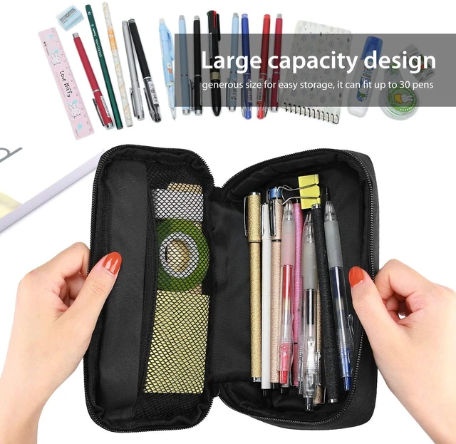 Alt view image 4 of 7 - Pencil Case Pen Bag for School Students Boys and Girls -Black | Large Capacity Desk Pencil Holder Pouch with Double Zipper, Portable Stationery Organizer for School Office Supplies