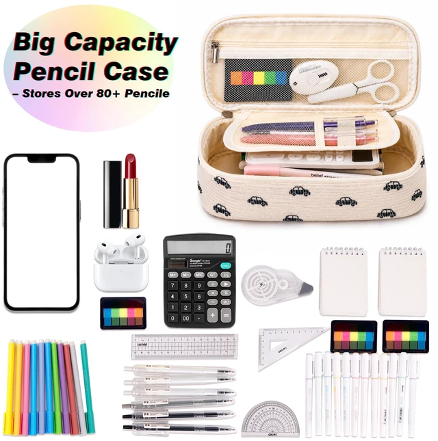 Alt view image 3 of 7 - Big Capacity Pencil case,Soft Corduroy Pencil Bag,Cute Pen Case with Handle,5 Compartments, Wide Opening Pen Pouch Organizer for Teen Girls Women (Black Car)