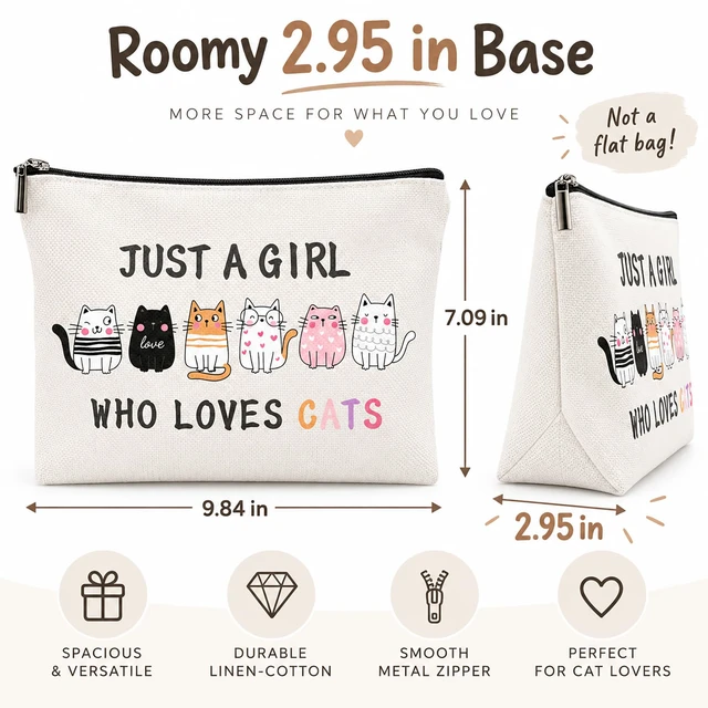 Alt view image 2 of 7 - Cat Makeup Bag for Women, Cat Pencil Case, Cute Zipper Pouch | Cute cat-themed zipper pouch with a roomy 2.95 in base, white lining and dual use as a makeup bag or pencil case