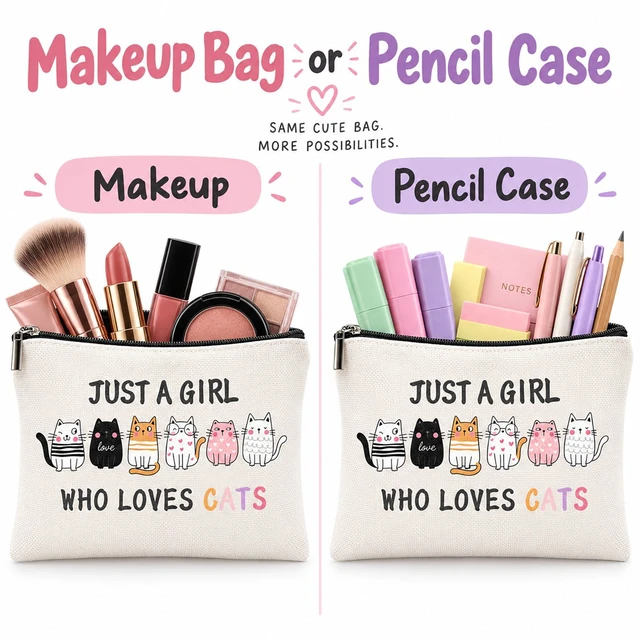 Alt view image 4 of 7 - Cat Makeup Bag for Women, Cat Pencil Case, Cute Zipper Pouch | Cute cat-themed zipper pouch with a roomy 2.95 in base, white lining and dual use as a makeup bag or pencil case
