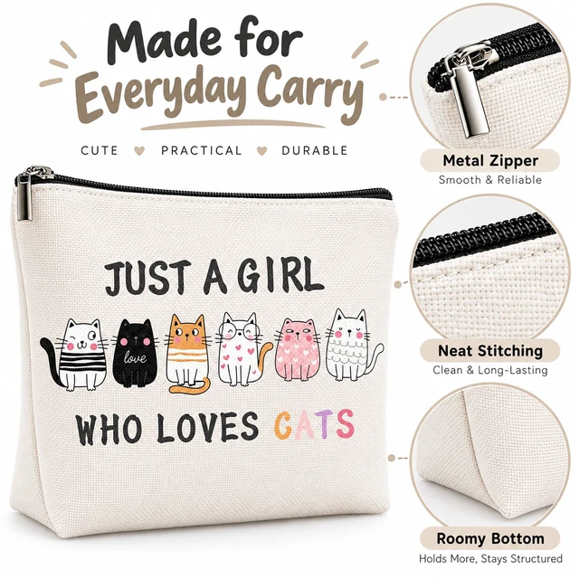Alt view image 6 of 7 - Cat Makeup Bag for Women, Cat Pencil Case, Cute Zipper Pouch | Cute cat-themed zipper pouch with a roomy 2.95 in base, white lining and dual use as a makeup bag or pencil case