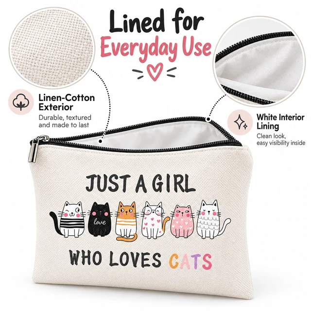 Alt view image 5 of 7 - Cat Makeup Bag for Women, Cat Pencil Case, Cute Zipper Pouch | Cute cat-themed zipper pouch with a roomy 2.95 in base, white lining and dual use as a makeup bag or pencil case