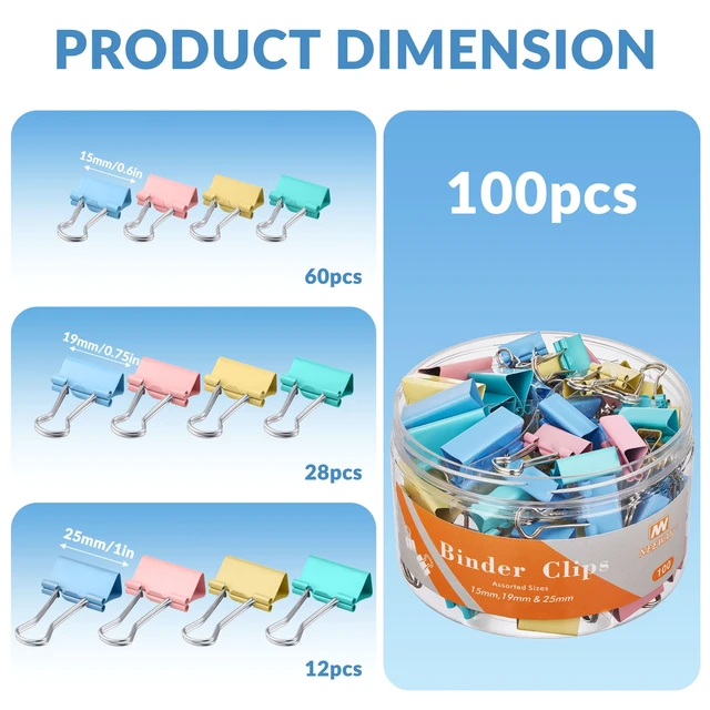 Alt view image 2 of 6 - 100 Count Binder Clips Assorted Sizes, Paper Binder Clips (0.6inch 0.75inch 1inch), Metal Paper Clamps for Office and Home