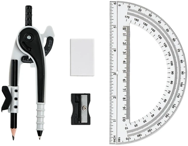 Main image of Compass for Geometry Set, 6 Inch Protractor, Clear Plastic (Black) | 6 Inch Compass, Sharpener and Eraser, Easy Grip, Drafting Tool for Scool, Art, Drawing Precision Design for Math