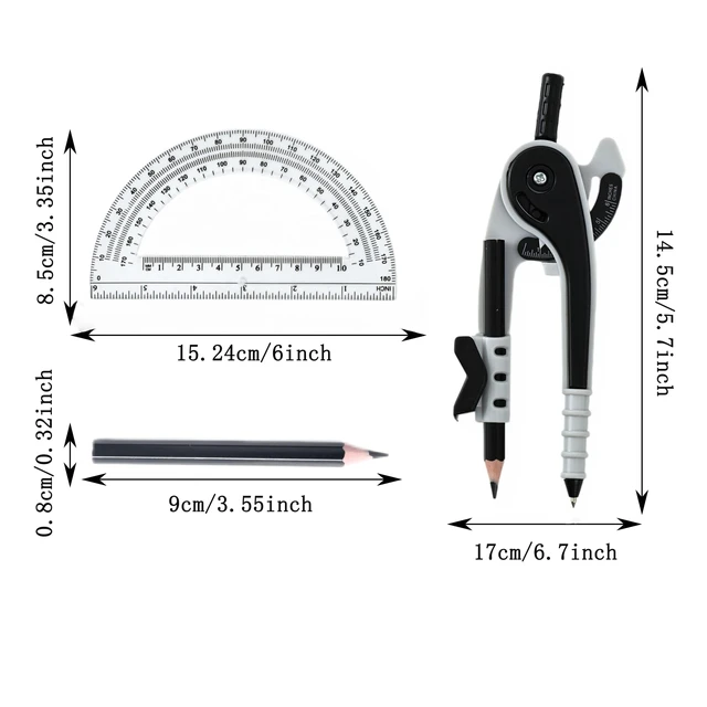Alt view image 2 of 6 - Compass for Geometry Set, 6 Inch Protractor, Clear Plastic (Black) | 6 Inch Compass, Sharpener and Eraser, Easy Grip, Drafting Tool for Scool, Art, Drawing Precision Design for Math