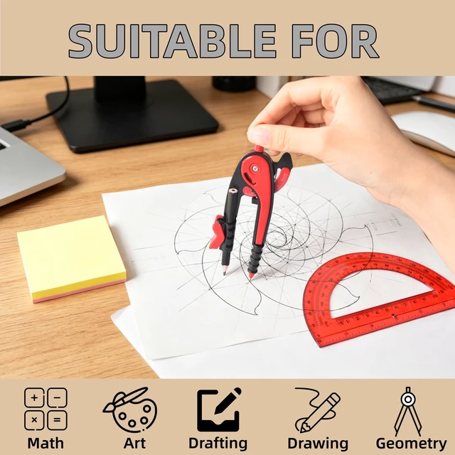 Alt view image 5 of 6 - Compass for Geometry Set, 6 Inch Protractor, Clear Plastic (Black) | 6 Inch Compass, Sharpener and Eraser, Easy Grip, Drafting Tool for Scool, Art, Drawing Precision Design for Math
