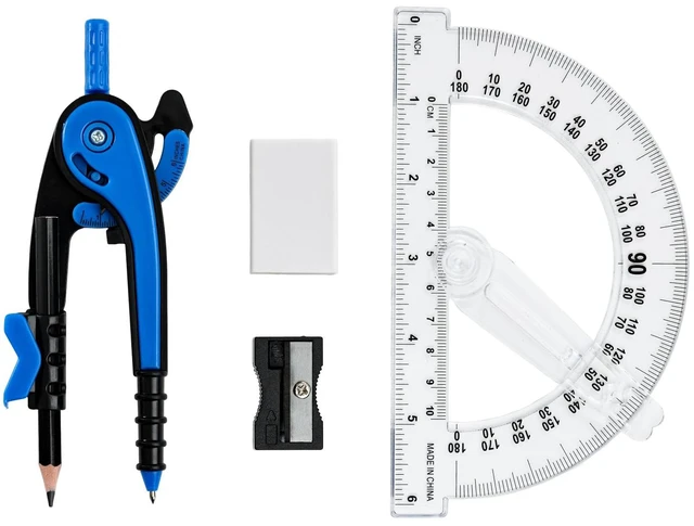 Main image of Unjoo Compass and Protractor Set, 6 Inch Swing Arm Protractor (Dark Blue) | Compasses for Math for Drafting, Sharpener, Eraser and 180 Degree 6 Inch Clear Protractor, Easy Grip, School Supplies